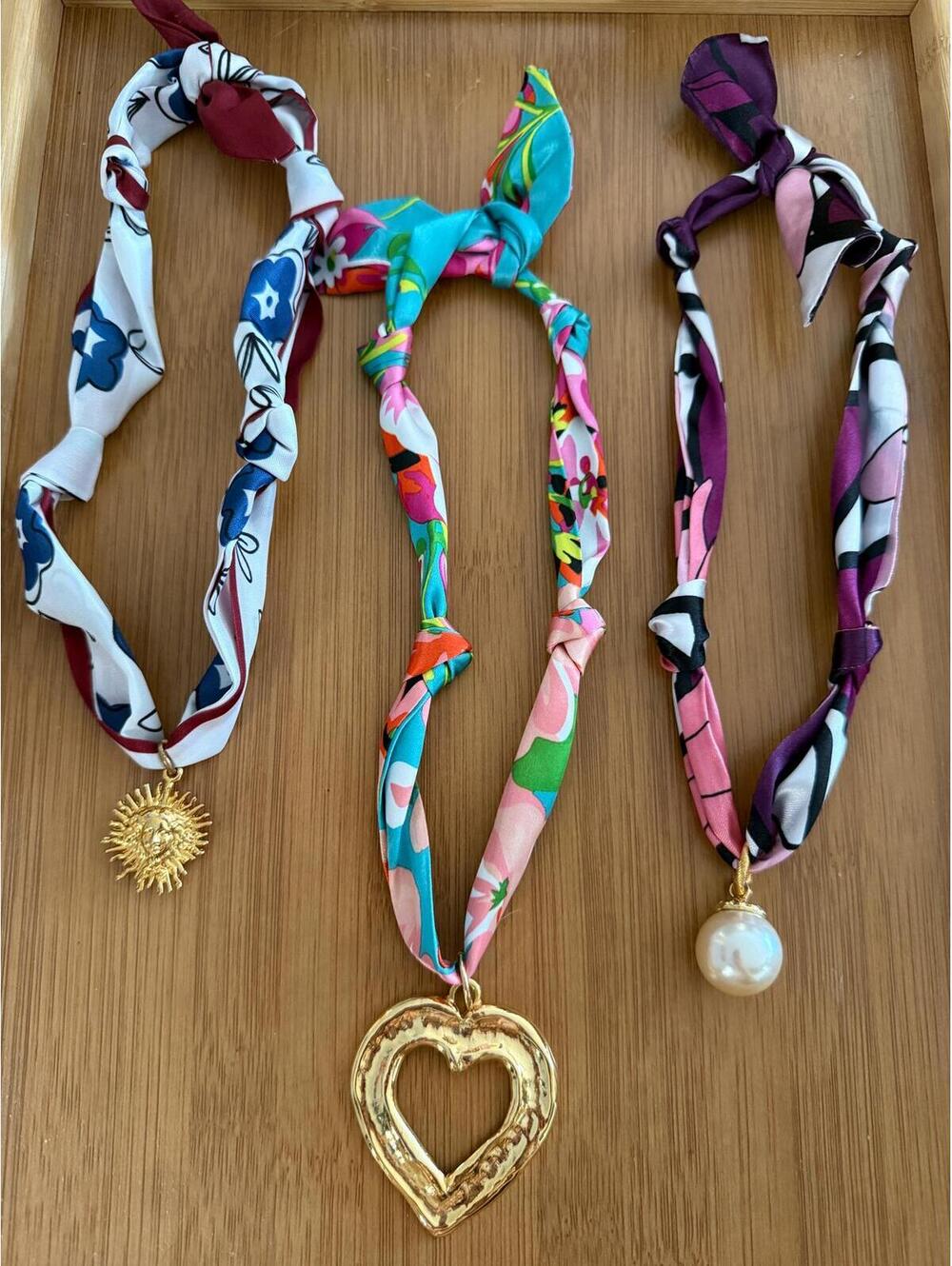 3 vintage charm scarf necklaces